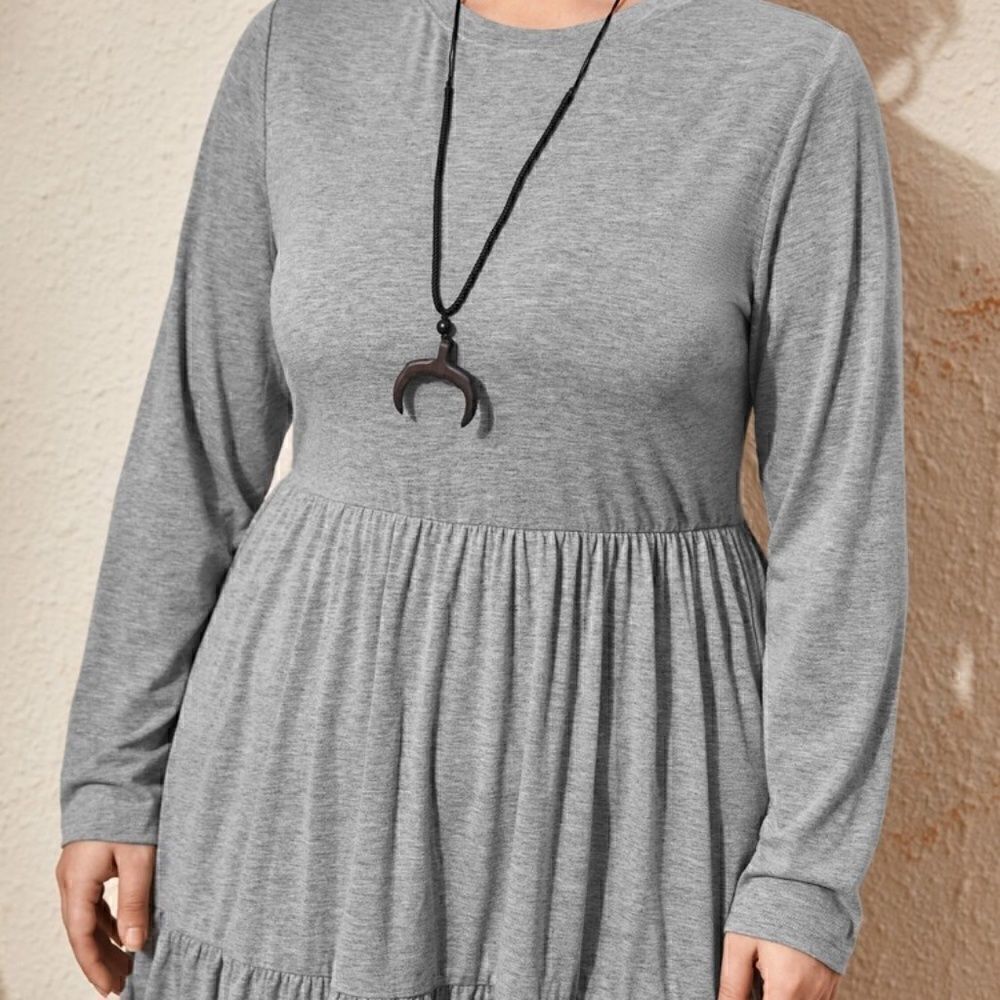 NEW! PLUS Size Long Sleeved Ruffled Hem Grey Casual Dress Boho Style Layered - Picture 3 of 3